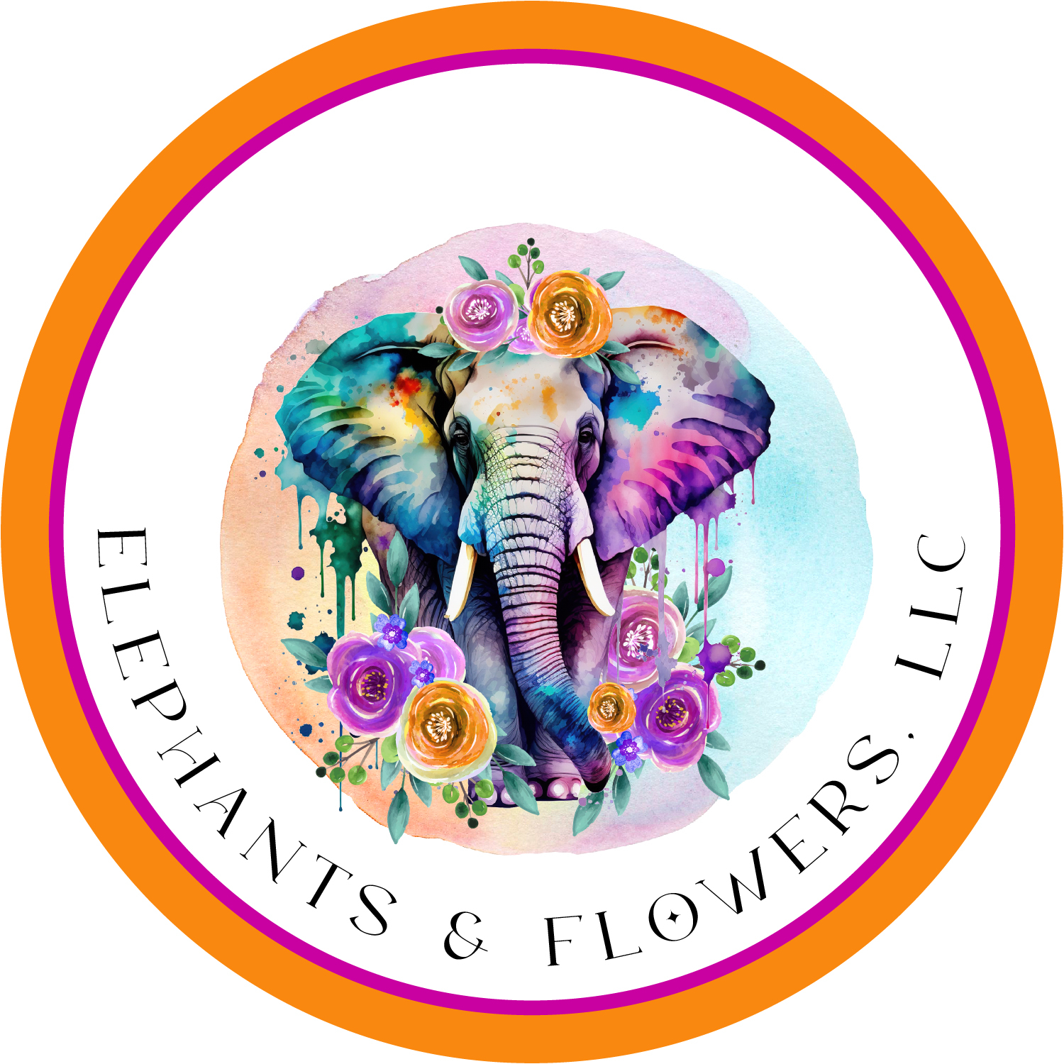 Logo of Elephants & Flowers, LLC with a colorful elephant and flowers design.