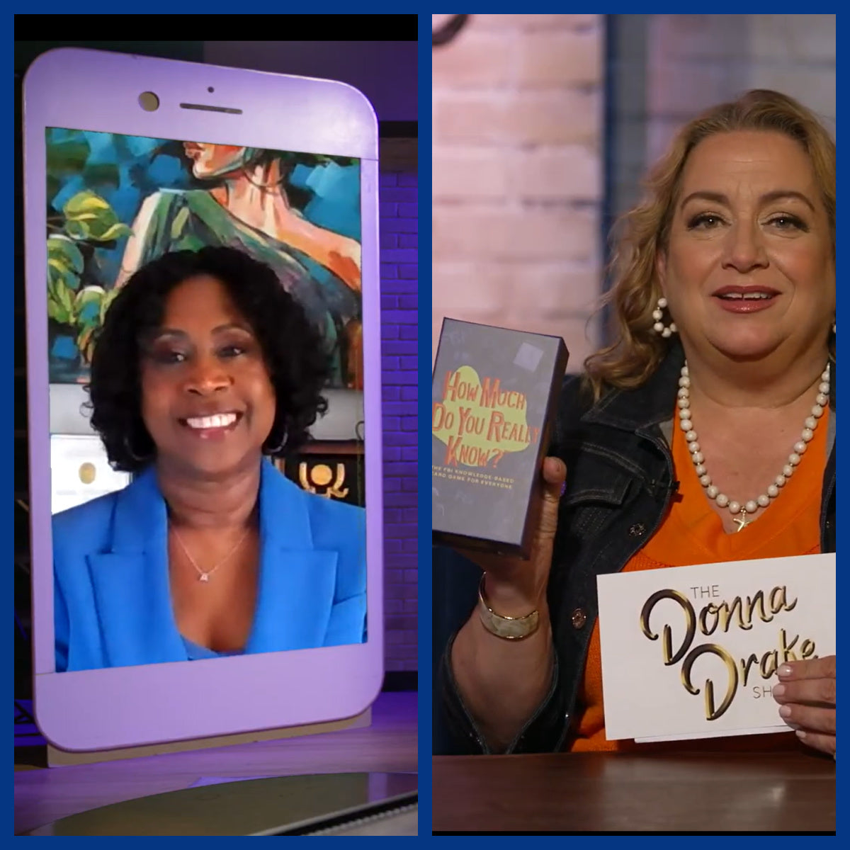 A split-screen promotional image for the book 'The Donna Drake Show' as seen on CBS. The left side shows a large purple smartphone mockup displaying a portrait of Angela Bell, creator of the premier FBI card game, How Much Do You Really Know? in a blue blazer against a colorful background.