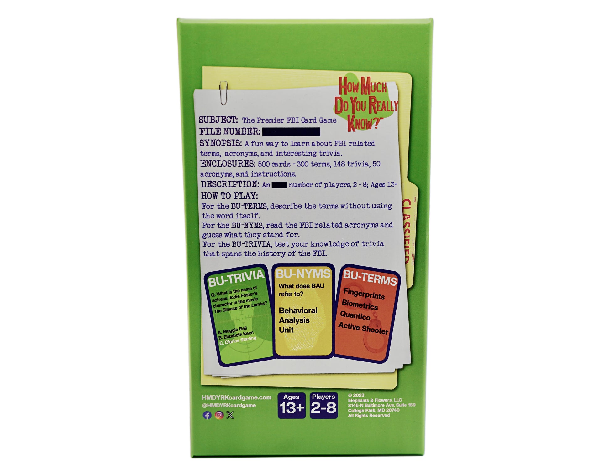 Back of the HMDYRK card game box with card samples and game information on a simulated classified file folder components and text on a white background.