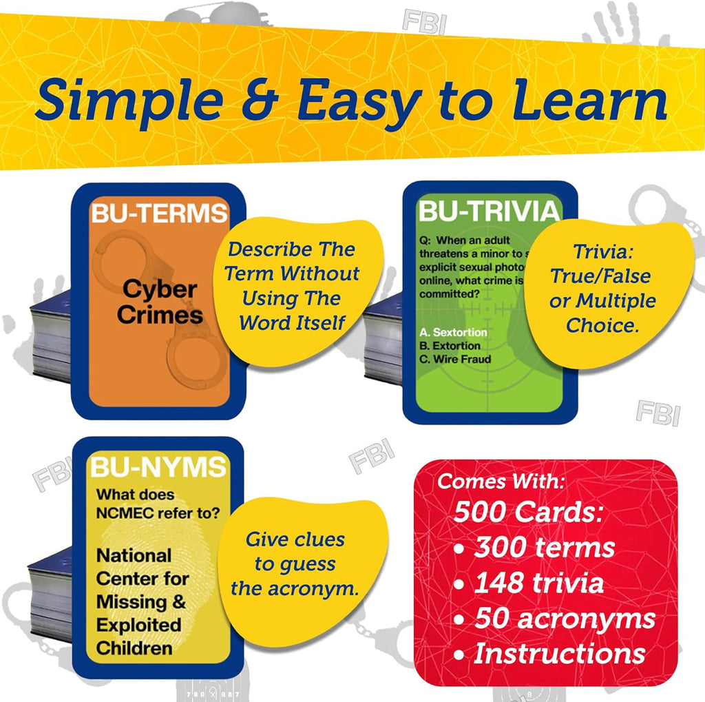 Promotional graphic for a learning product with card designs and text about cyber crimes, acronyms, and trivia.