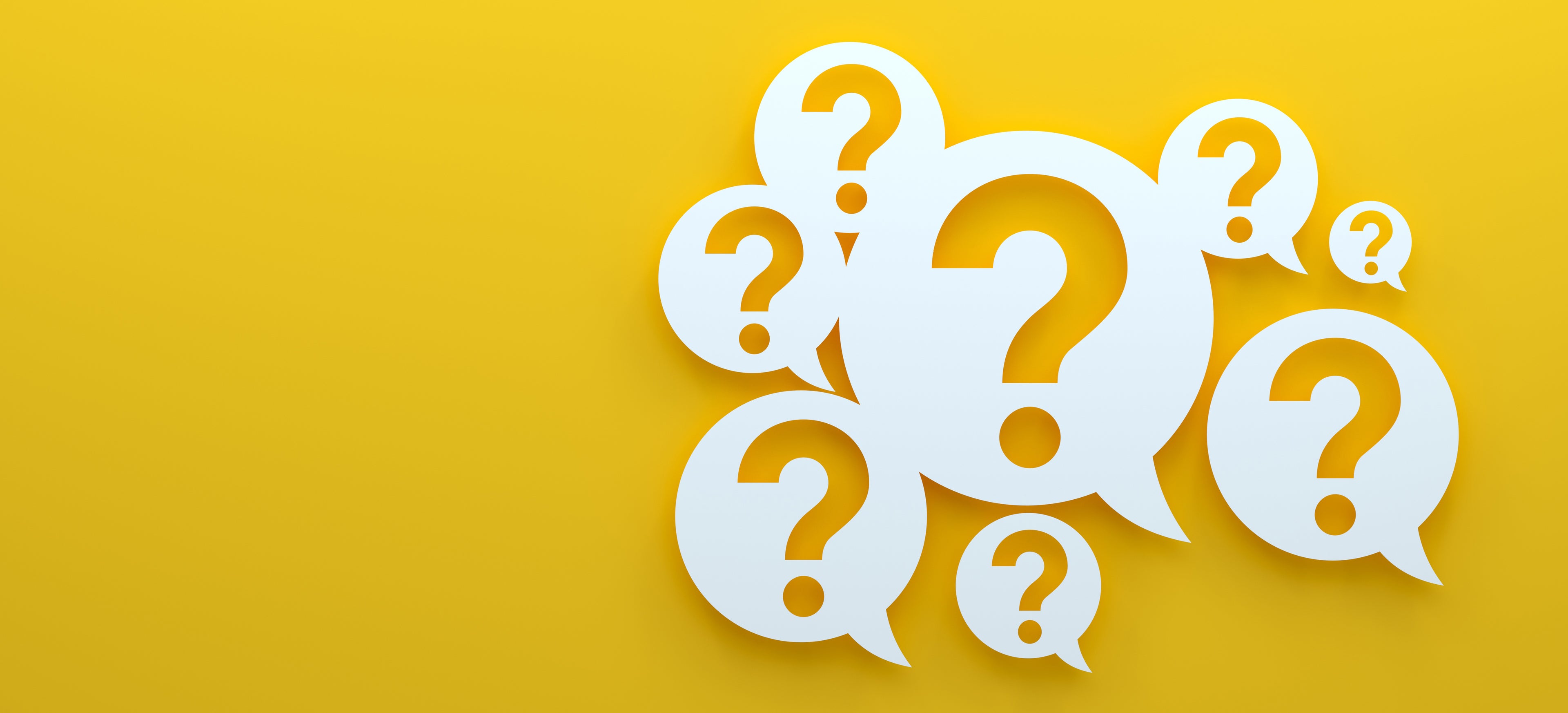 White question marks in speech bubbles on a yellow background